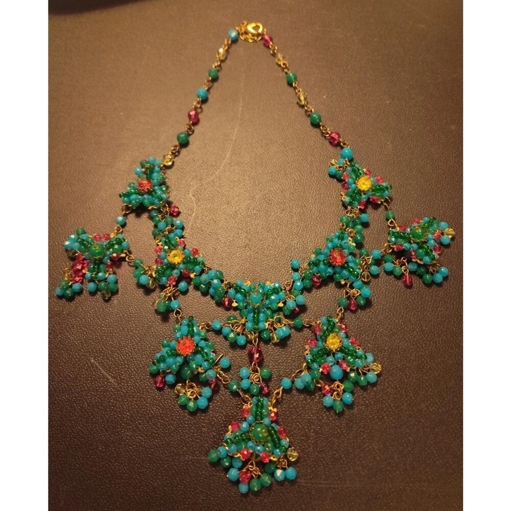 Fabulous Multi Color Crystal Statement Necklace Greensl And Pinks 18" Bib Style